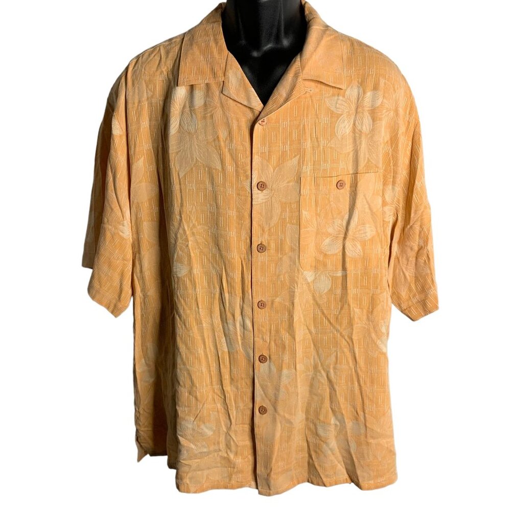 Vintage 90s Button Up Hawaiian Shirt XL Orange Silk Floral Short Sleeve Pocket
